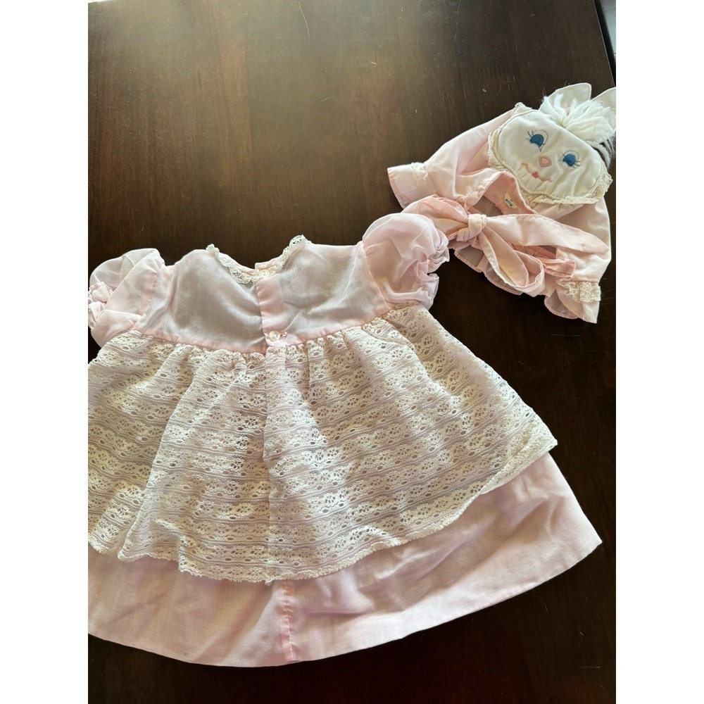 Vintage Easter Dress Set Baby Bunny Rabbit Bonnet‎ Pink Lace 3 Months